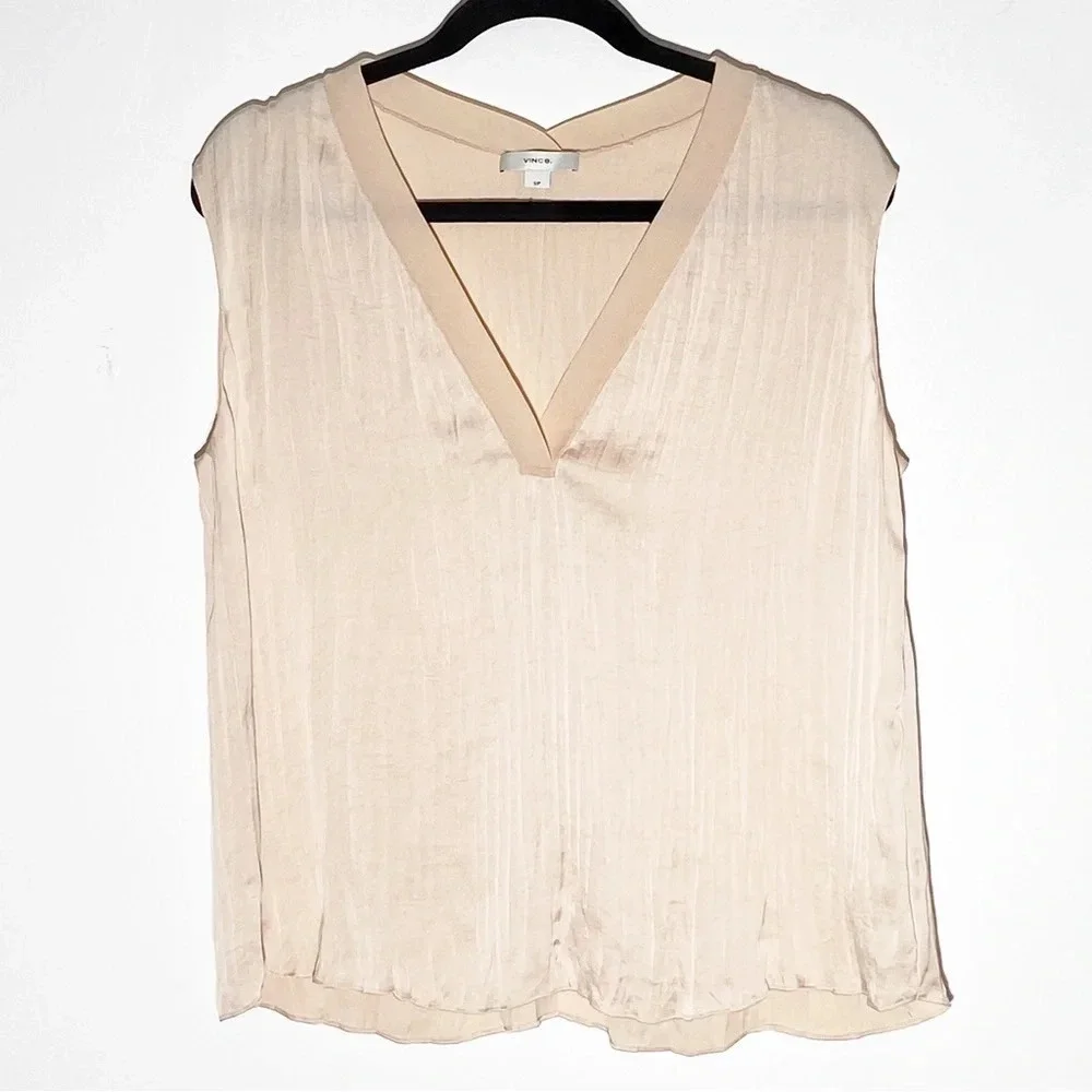New Vince Crushed Sleeveless Double V-Neck Blouse in French Rose size Small - Picture 3 of 7